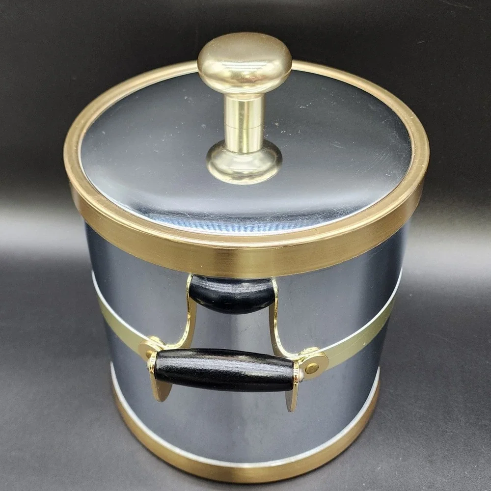 Kraftware M Silver Gold Ice Bucket MCM Vintage Barware Retro Bar Cart Accessory